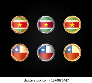 Flags of Suriname and Chile in gold, silver and bronze gradient and round shape.