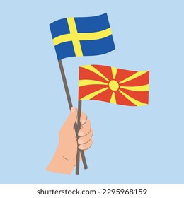 Flags of Sweden and North Macedonia, Hand Holding flags