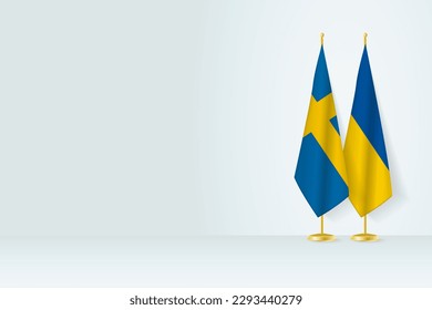 Flags of Sweden and Ukraine on flag stand, meeting between two countries. Vector template.