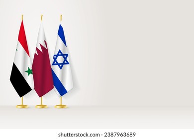 Flags of Syria, Qatar and Israel stand in row on indoor flagpole.  Vector illustration.
