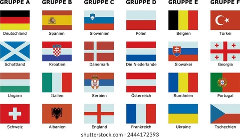 Flags of the teams participating in the championship with German text	