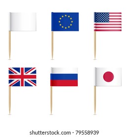 Flags toothpick. American, Europen union, United Kingdom, Russian, Japanese flags
