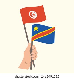 Flags Tunisia and the Democratic Republic of the Congo, Hand Holding flags