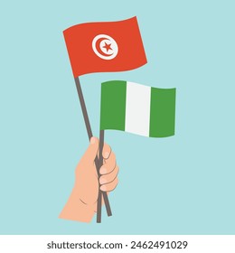 Flags Tunisia and Nigeria, Hand Holding flags