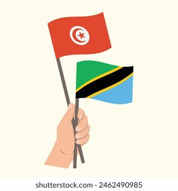 Flags Tunisia and Tanzania, Hand Holding flags