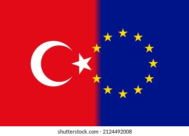 Flags of Turkey and European Union, red background with white crescent and star, blue background with golden stars, gradient in the middle.