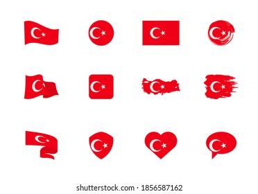 Flags of Turkey - flat collection. Flags of different shaped twelve flat icons. Vector illustration set