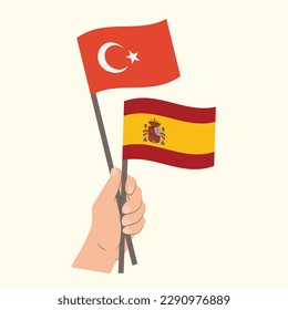 Flags of Turkey and Spain, Hand Holding flags