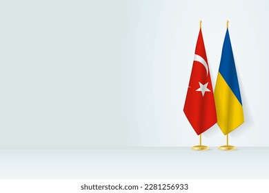Flags of Turkey and Ukraine on flag stand, meeting between two countries. Vector template.