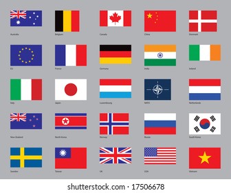 The flags of twenty-three countries, plus the EU and NATO, drawn in CMYK and placed on individual layers.