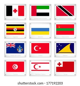 Flags of Udmurtia, United Arab Emirates, Trinidad and Tobago, Uganda, Ukraine, Transnistria, Tristan, Turkey, Tokelau, Tunisia, Northern Cyprus and Tonga on Metal Texture Plates. 
