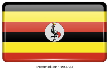 Flags of Uganda in the form of a magnet on refrigerator with reflections light. Vector illustration