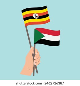 Flags Uganda and Sudan, Hand Holding flags