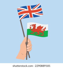 Flags of UK and Wales, Hand Holding flags