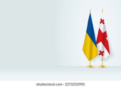 Flags of Ukraine and Georgia on flag stand, meeting between two countries. Vector template.