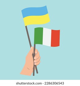 Flags of Ukraine and Italy, Hand Holding flags