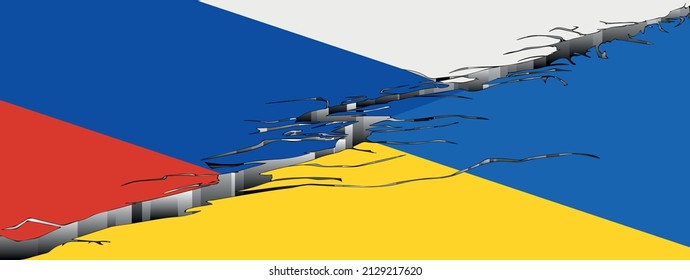 Flaggen ukrainischen und russischen Hintergrunds. Zerbrochen tief Crack zwischen Russland und ukraine Flaggen. Konflikt zwischen Russland und der Ukraine Kriegskonzept.