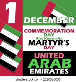 Flags of the United Arab Emirates with bold text to commemorate Commemoration Day or Martyr's Day on December 1 in United Arab Emirates
