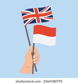 Flags the United Kingdom of Great Britain and Northern Ireland and Monaco, Hand Holding flags