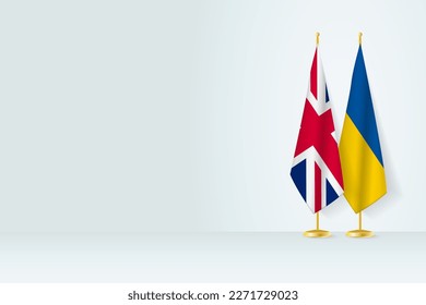 Flags of United Kingdom and Ukraine on flag stand, meeting between two countries. Vector template.