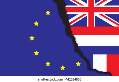 Flags of the United Kingdom,france,netherlands and the European Union with a rift, meaning rupture of United kingdom and European union, vector illustration, BREXIT, NEXIT,FREXIT