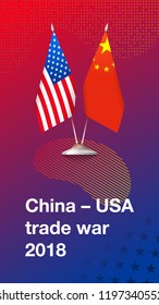 Flags of United States of America and China on a fashionable gradient background. Concept of trade war between China and USA. Vertical vector illustration