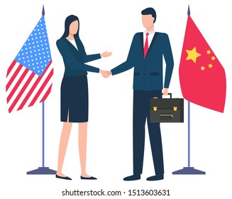 Flags of United States of America and China vector, flat style characters. Handshake of companies representatives, man holding briefcase with official documents and paper, woman secretary helper