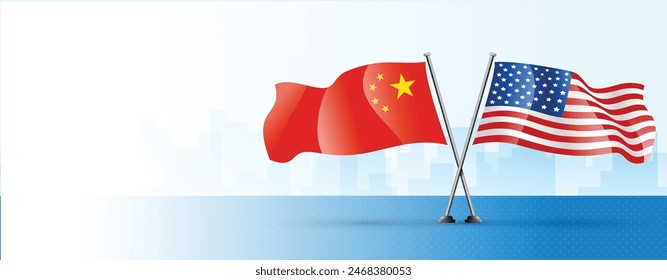 Flags of United States of America and China on a background with copy space. Vector illustration.
