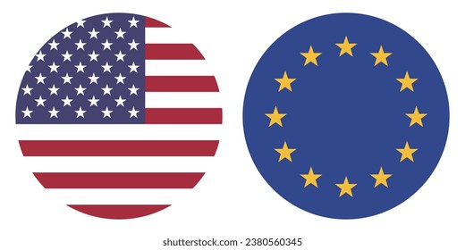 Flags of the United States of America and the European Union. Button flag icon. Standard color. Circle icon flag. Computer illustration. Digital illustration. Vector illustration.