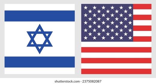 The flags of the United States of America and Israel. Flag icon. Standard color. A square flag. Computer illustration. Digital illustration. Vector illustration.