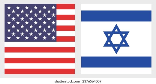 The flags of the United States of America and Israel. Flag icon. Standard color. A square flag. Computer illustration. Digital illustration. Vector illustration.