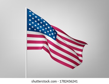 Flags of United States of America on white steel poles isolated on white background. National symbol of USA, silk waving banner with red and white stripes, with stars on blue color. Vector 3d