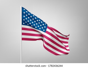 Banderas de los Estados Unidos de América sobre postes de acero blanco aislados sobre fondo blanco. Símbolo nacional de EE.UU., banner ondulado de seda con rayas rojas y blancas, con estrellas de color azul. Vector 3d