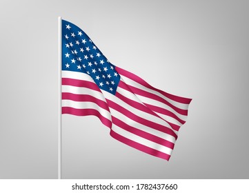 Flags of United States of America on white steel poles isolated on white background. National symbol of USA, silk waving banner with red and white stripes, with stars on blue color. Vector 3d