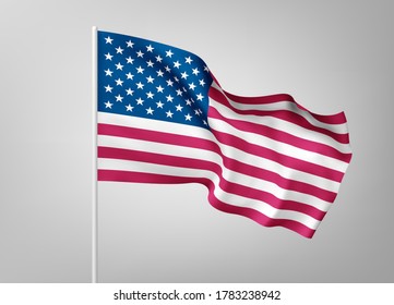 Flags of United States of America on white steel poles isolated on white background. National symbol of USA, silk waving banner with red and white stripes, with stars on blue color. Vector 3d