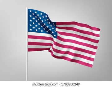Flags of United States of America on white steel poles isolated on white background. National symbol of USA, silk waving banner with red and white stripes, with stars on blue color. Vector 3d