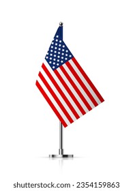 Flags of United States of America on pole vector illustration. 3D realistic flagpoles on steel vertical stands, isolated desktop flagstaff, red and blue USA stars and stripes flags on metal sticks.