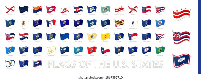 Flags of the United States of America, US states waving flag collection. Vector set.