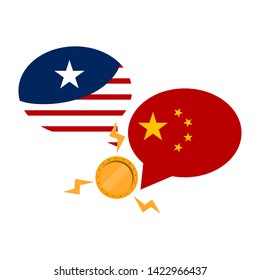 Flags of United States and China in a bubble chat with a golden coin. Trade war concept - Vector