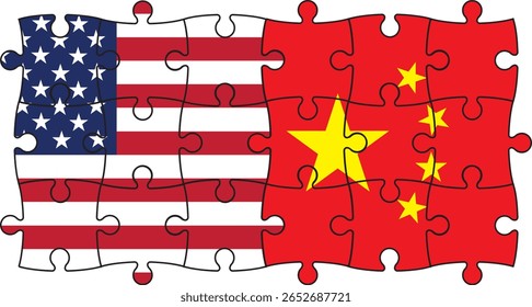 The flags of the United States and China join like puzzle pieces—reflecting a complex relationship shaped by competition, cooperation, and the shared challenges of a globalized world.