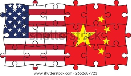 The flags of the United States and China join like puzzle pieces—reflecting a complex relationship shaped by competition, cooperation, and the shared challenges of a globalized world.