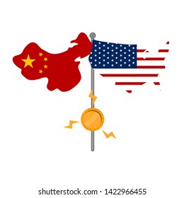 Flags of United States and China in maps shape with a coin. Trade war concept - Vector