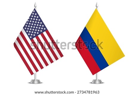 Flags of United States and Colombia. The concept of partnership and joint action. Symbol of partnership, cooperation, international collaboration, peaceful negotiations, alliance, bilateral