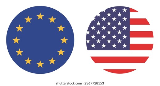 Flags of the United States and the European Union. Button flag icon. Standard color. Circle icon flag. Computer illustration. Digital illustration. Vector illustration.