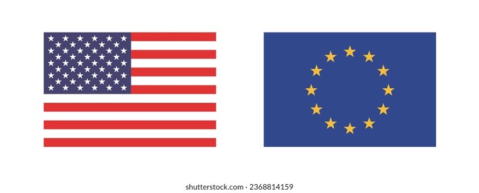 Flags of the United States and the European Union. Flag icon. Standard color. Standard size. A rectangular flag. Computer illustration. Digital illustration. Vector illustration.