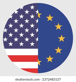 Flags of the United States and the European Union. Button flag icon. Standard color. Circle icon flag. Computer illustration. Digital illustration. Vector illustration.