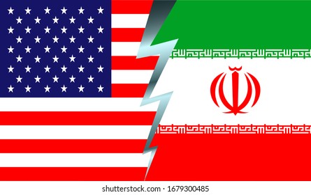 Flaggen der Vereinigten Staaten und des Iran durch Blitze geteilt. Vektorillustration-Bild. Konfrontation zwischen den Ländern. Politische Spannungen. 
