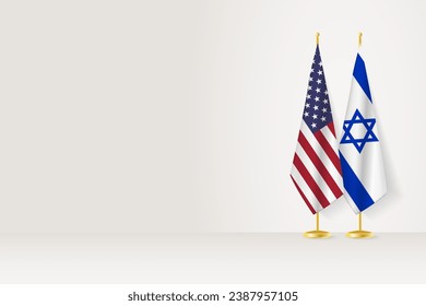 Banderas de Estados Unidos e Israel en el puesto de bandera, reunidas entre dos países. Plantilla de vectores.