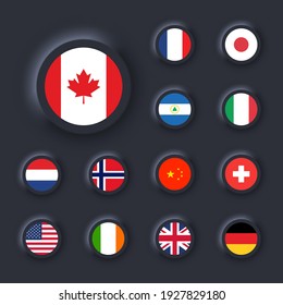 Flags of United States, Italy, China, France, Canada, Japan, Ireland, Kingdom, Nicaragua, Norway, Switzerland, Netherlands. Round icon with flag. Neumorphic UI UX dark user interface. Neumorphism