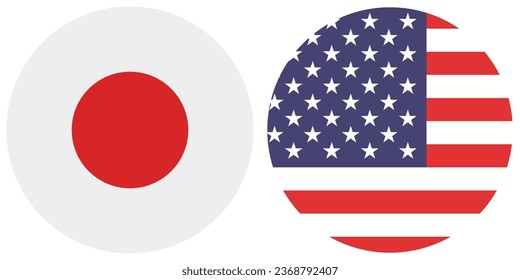 Flags of the United States and Japan. Button flag icon. Standard color. Circle icon flag. Computer illustration. Digital illustration. Vector illustration.